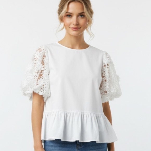 Zara Tops - Zara White Lace-Sleeve Peplum Top Size S - Coquette